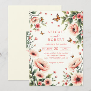 Pink anemone, butterflies floral border wedding  invitation