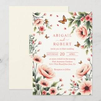 Pink anemone, butterflies floral border wedding  invitation