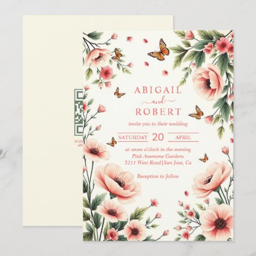 Pink anemone, butterflies floral border wedding  invitation