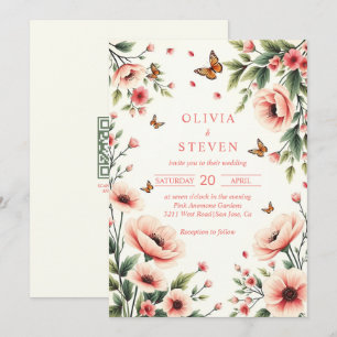 Pink anemone, butterflies floral border wedding invitation