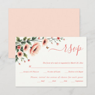 Pink anemone, butterflies floral border wedding RSVP card