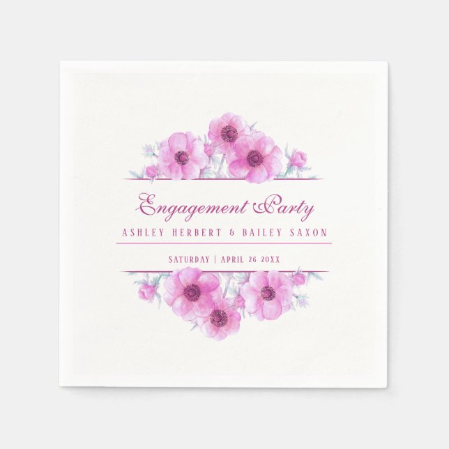 Pink anemone floral watercolor engagement napkins (Front)