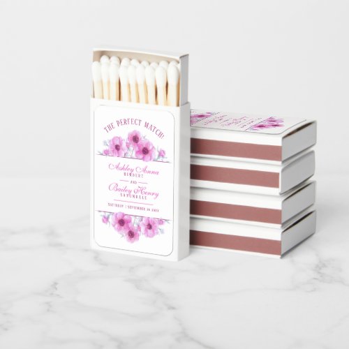 Pink anemone floral watercolor wedding photo matchboxes