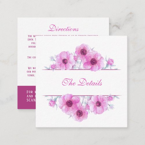 Pink anemone floral wedding details QR code Enclosure Card
