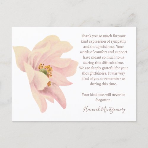 Pink Anemone Funeral Thank You Card Sympathy Postcard