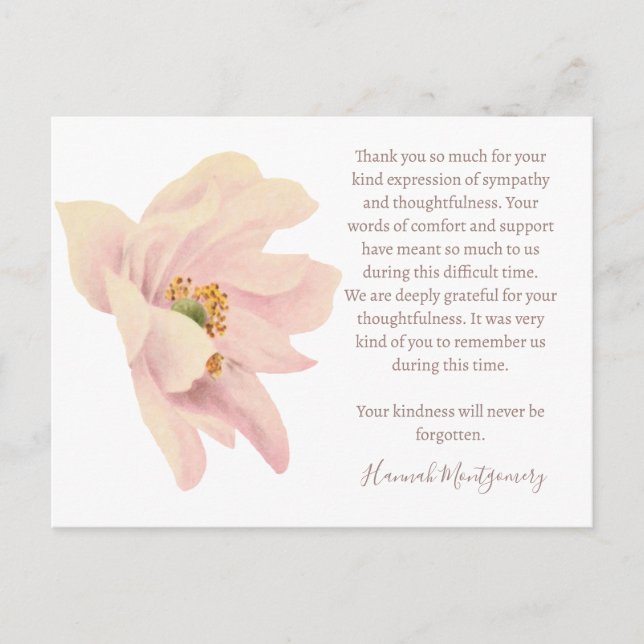 Pink Anemone Funeral Thank You Card, Sympathy Postcard (Front)