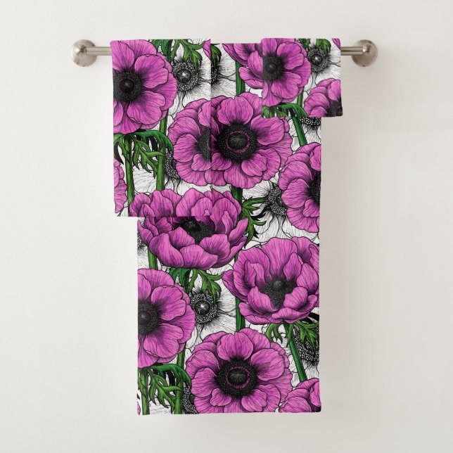 Pink anemone garden bath towel set (Insitu)