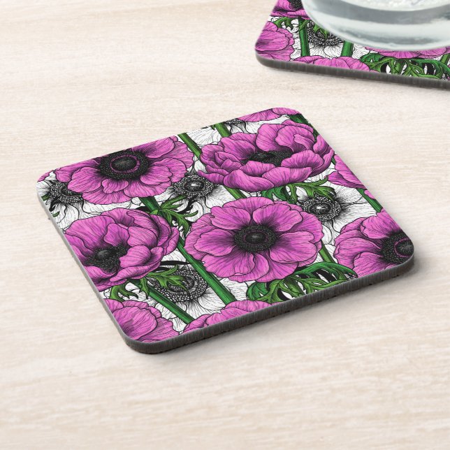 Pink anemone garden beverage coaster (Left Side)