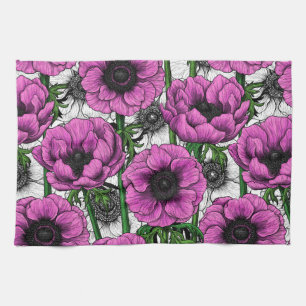 Pink anemone garden kitchen towel