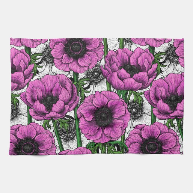 Pink anemone garden kitchen towel (Horizontal)