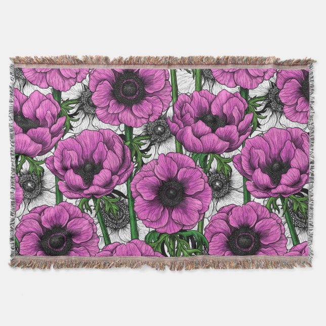 Pink anemone garden throw blanket (Front)