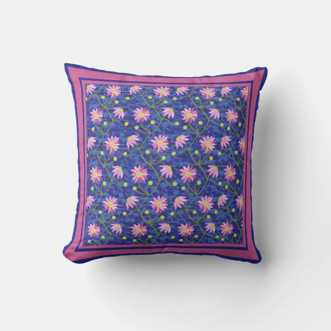 Pink Anemones Floral Pattern on Blue Throw Pillow (Front)
