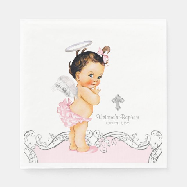 Pink Angel Baby Girl Baptism Christening Paper Napkins (Front)