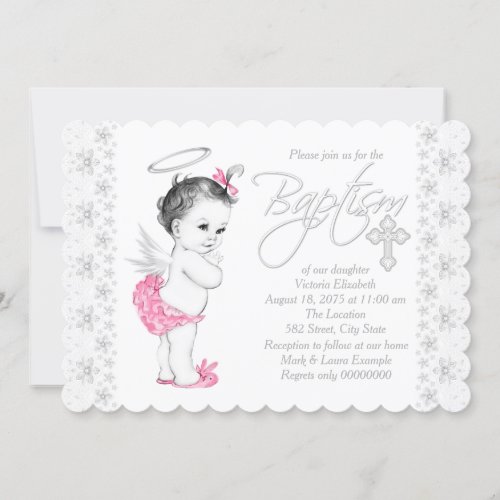 Pink Angel Baby Girl Baptism Invitation