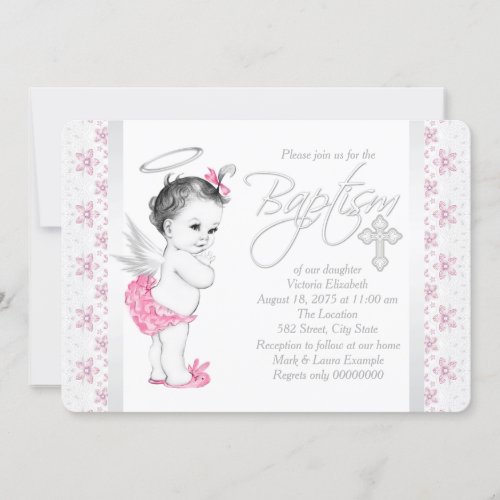 Pink Angel Baby Girl Baptism Invitation