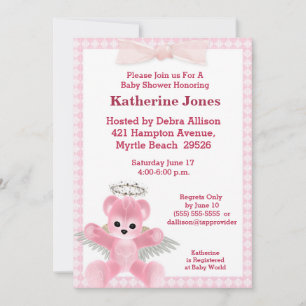 Pink Angel Bear Baby Shower Invitation