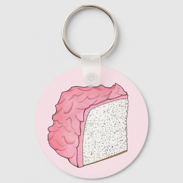 Pink Angel Food Cake Slice Baking Retro Dessert Keychain (Front)