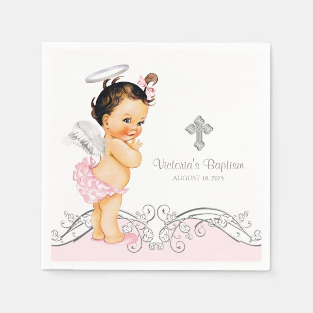 Pink Angel Girl Baptism Christening Paper Napkins (Front)