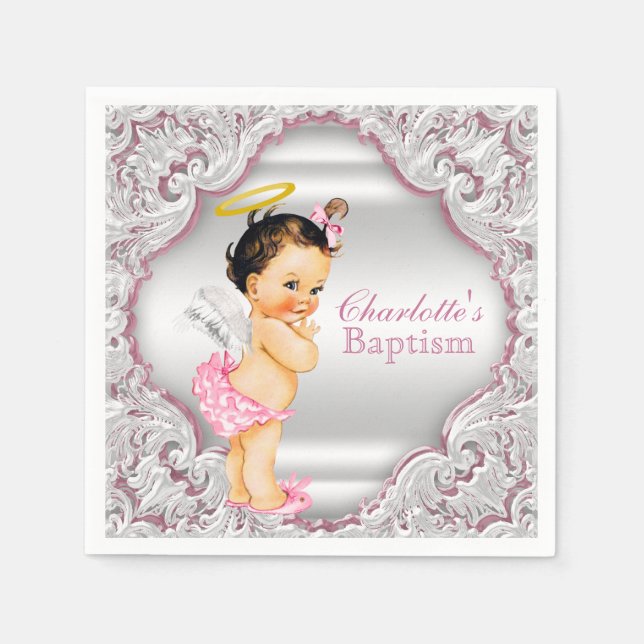 Pink Angel Girl Baptism Paper Napkins (Front)