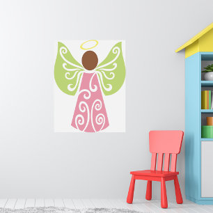 Pink Angel Green Swirl Wings Spiritual Decorative Poster