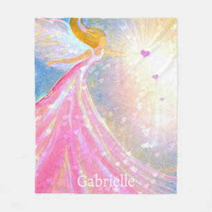 Pink Angel Heart Wings Watercolor Art Custom Name Fleece Blanket