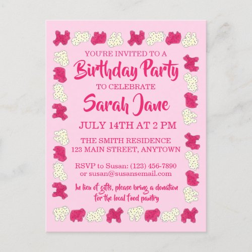 Pink Animal Crackers Cookies Circus Birthday Party Invitation Postcard