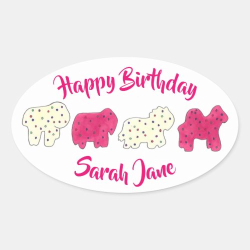 Pink Animal Crackers Cookies Circus Birthday Party Oval Sticker