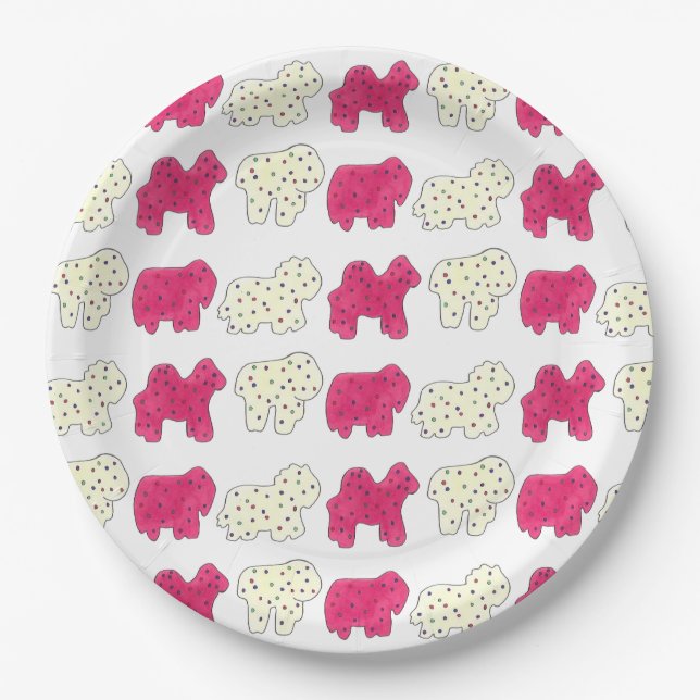 Pink Animal Crackers Cookies Circus Birthday Party Paper Plates (Front)