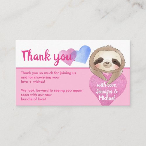 Pink Animal Heart Cute Baby Sloth Thank You Enclosure Card