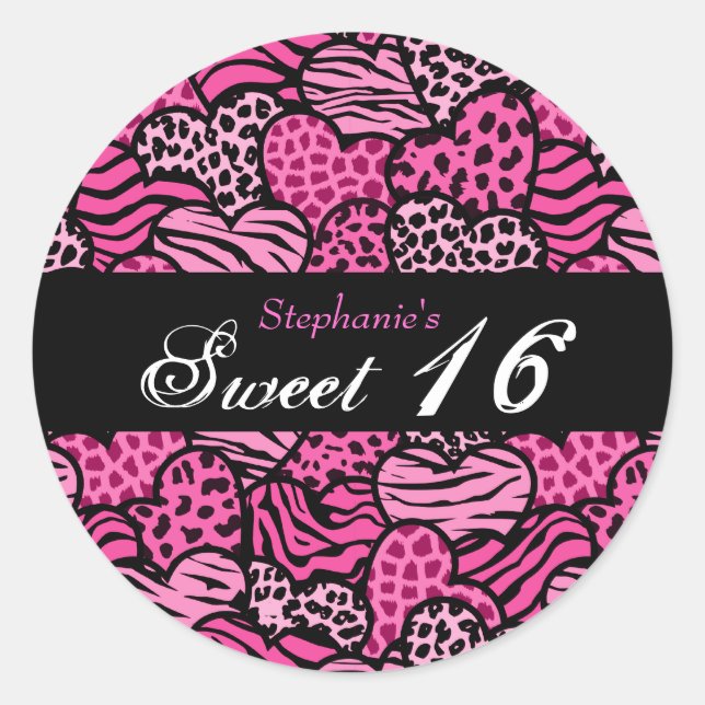 Pink animal pattern hearts Sweet 16 sticker (Front)