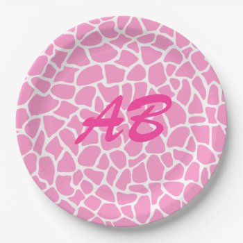 Pink Animal Print And Initials. Giraffe Pattern  Paper Plates by Graphics_By_Metarla at Zazzle
