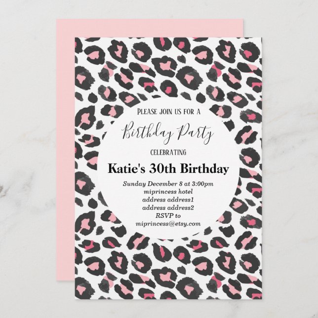 pink animal print, Leopard ,cheetah birthday Invitation (Front/Back)