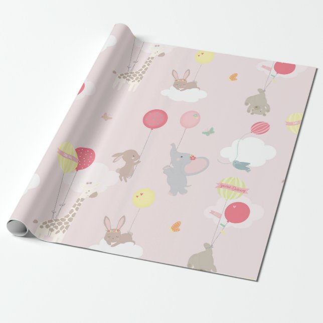 Pink Animals Clouds Balloons Baby Wrapping Paper (Unrolled)