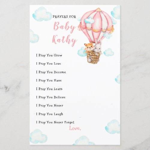 Pink Animals Hot air Balloon Prayers for Baby Card