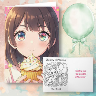 Pink Anime Girl's Birthday and Coloring Page Card