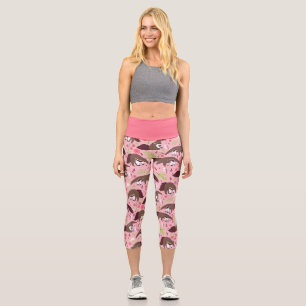 pink anteater cute animal floral capri leggings