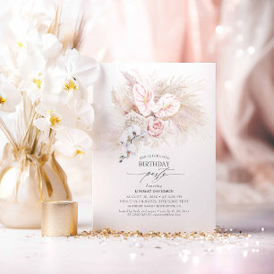 Pink Anthurium and Pampas Grass Birthday Party Invitation