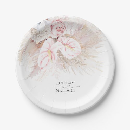 Pink Anthurium and Pampas Grass Elegant Wedding Paper Plates