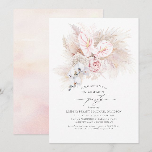 Pink Anthurium and Pampas Grass Engagement Party Invitation (Front/Back)