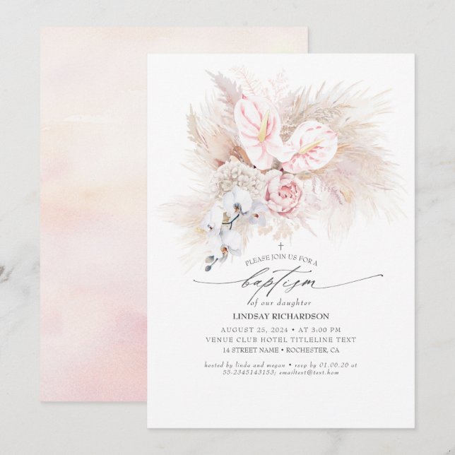 Pink Anthurium and Pampas Grass Floral Baptism Invitation (Front/Back)