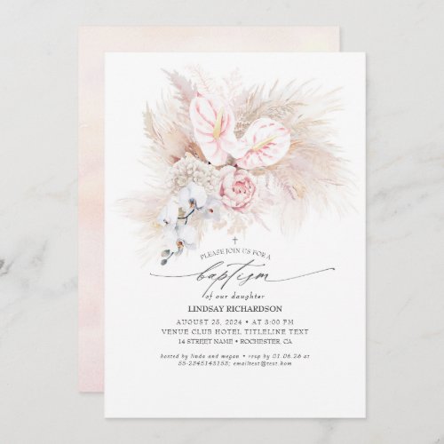 Pink Anthurium and Pampas Grass Floral Baptism Invitation