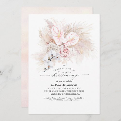 Pink Anthurium and Pampas Grass Floral Christening Invitation