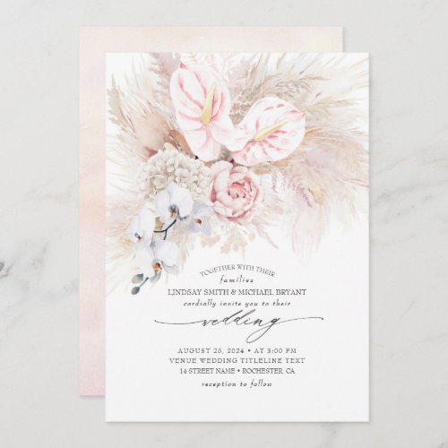 Pink Anthurium Orchids and Pampas Grass Wedding Invitation