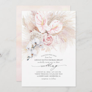 Pink Anthurium Orchids and Pampas Grass Wedding Invitation
