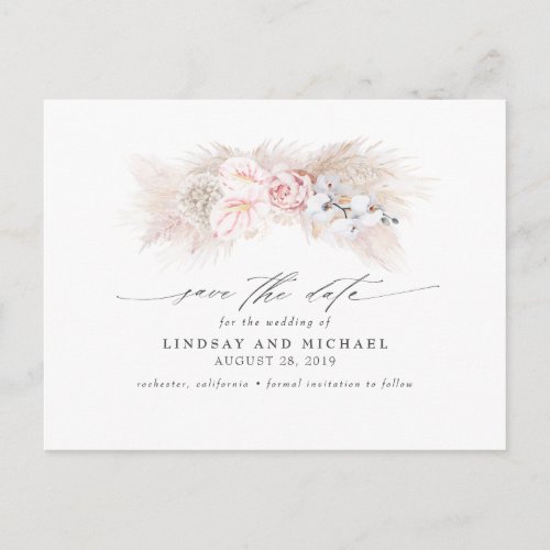 Pink Anthuriums and Pampas Grass Save the Date Postcard