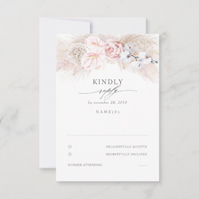 Pink Anthuriums and Pampas Grass Wedding RSVP Card (Front)