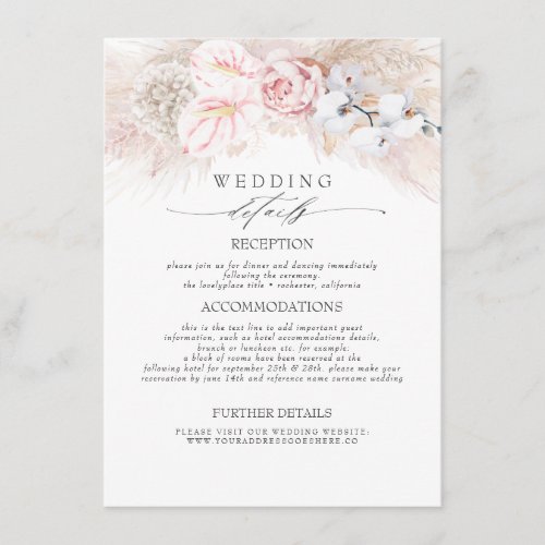 Pink Anthuriums Pampas Grass Wedding Information Enclosure Card