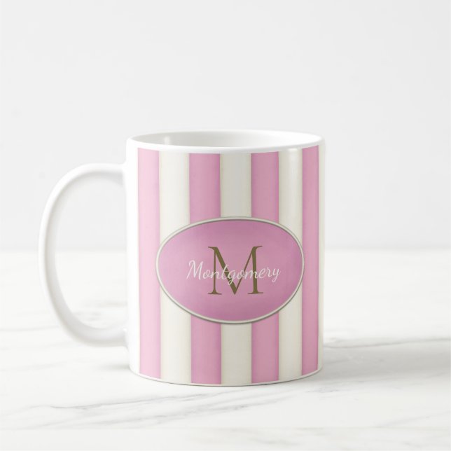 Pink & Antique White Stripes Bronze Monogram Coffee Mug (Left)