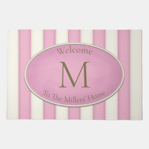 Pink & Antique White Stripes Bronze Monogram Doormat