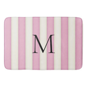 Pink & Antique White Stripes Monogrammed Bath Mat